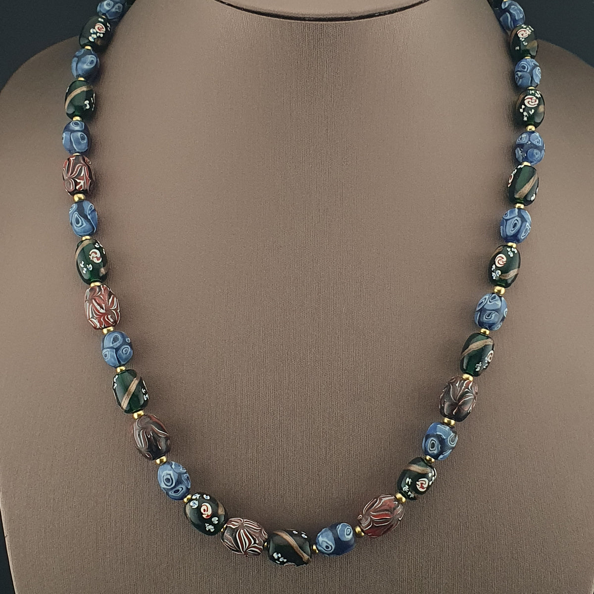 Antique Venetian Style Mix Gabri, Floral & Mosaic Glass Beads Necklace