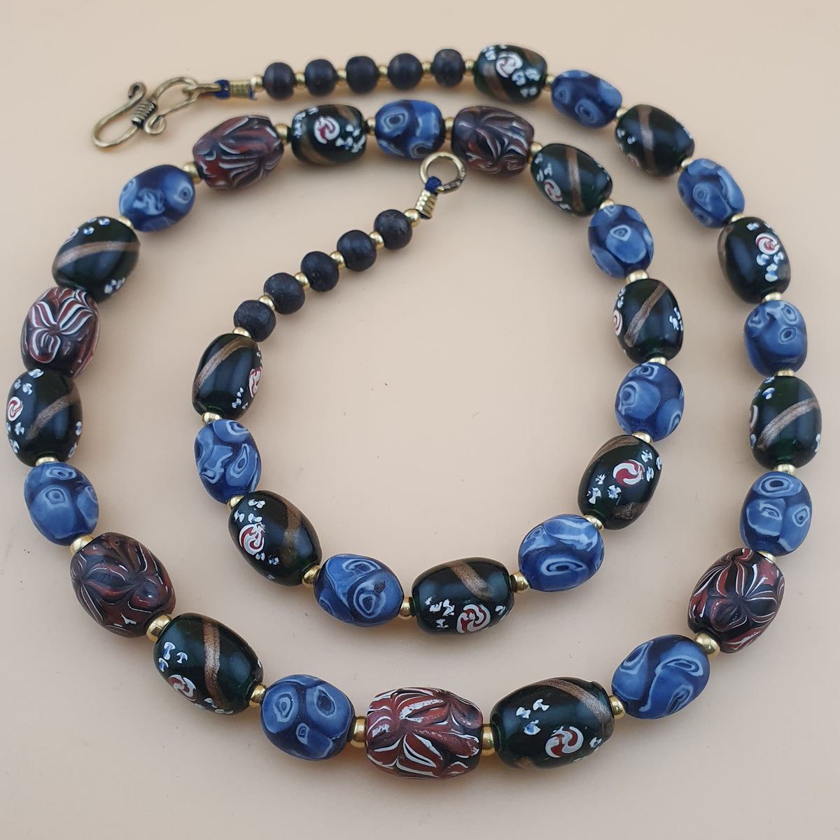 Antique Venetian Style Mix Gabri, Floral & Mosaic Glass Beads Necklace