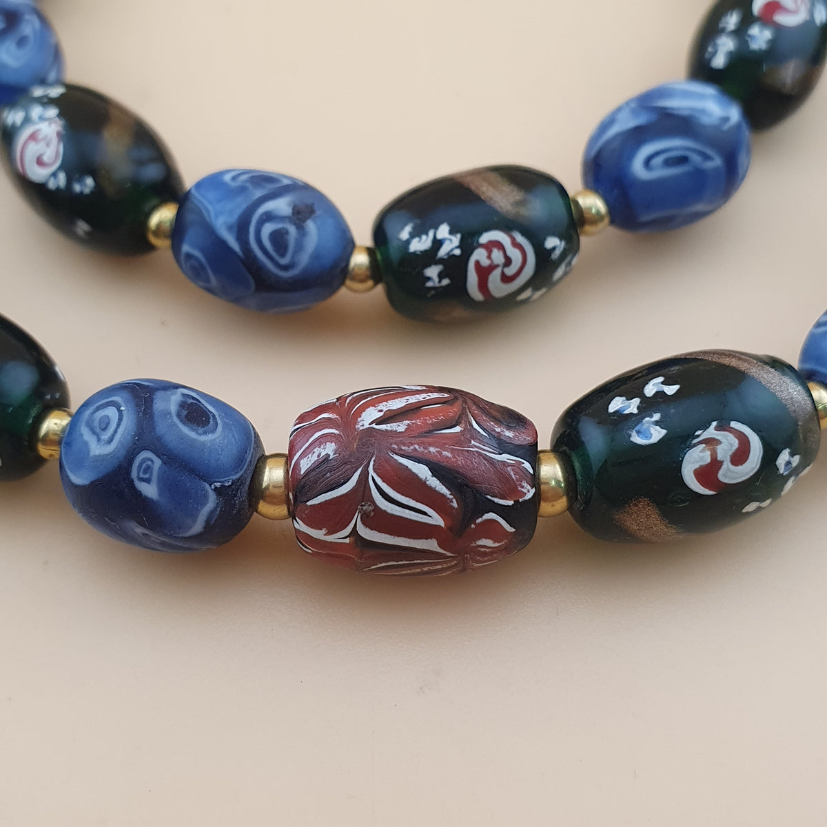 Antique Venetian Style Mix Gabri, Floral & Mosaic Glass Beads Necklace