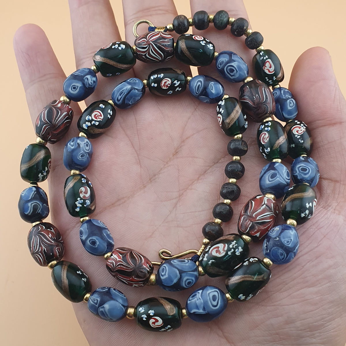 Antique Venetian Style Mix Gabri, Floral & Mosaic Glass Beads Necklace