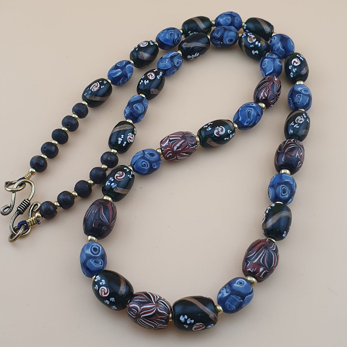 Antique Venetian Style Mix Gabri, Floral & Mosaic Glass Beads Necklace