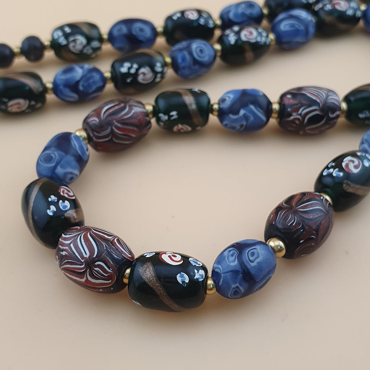 Antique Venetian Style Mix Gabri, Floral & Mosaic Glass Beads Necklace