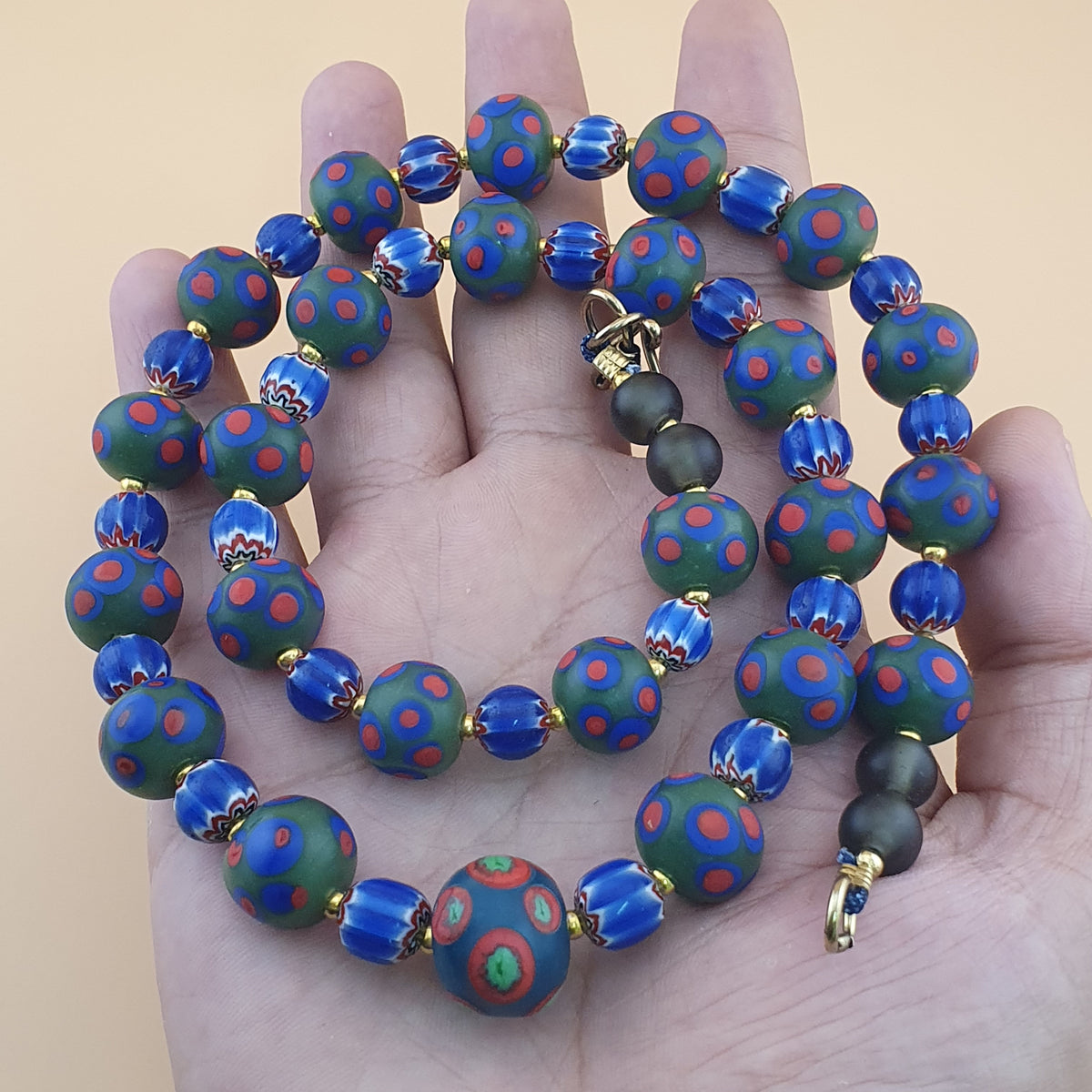 Collier de Perles en Verre Millefiori & Chevron Style Vénitien Antique