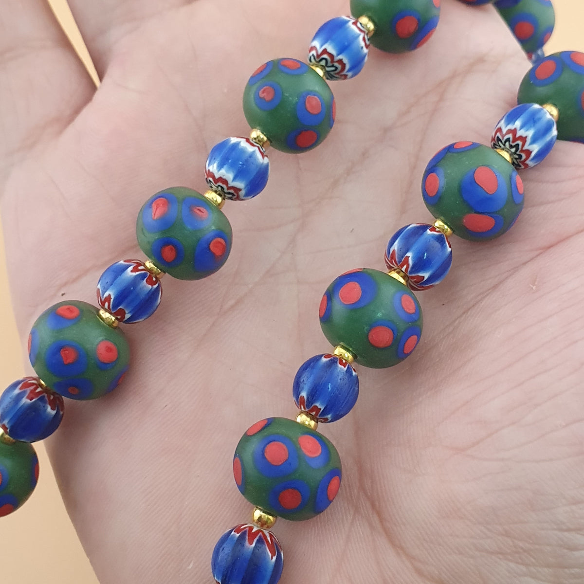 Collier de Perles en Verre Millefiori & Chevron Style Vénitien Antique