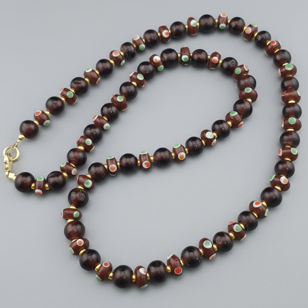 Ancien Collier Vénitien Style Africain Perles Œil et Perles Rondes en Verre Noir et Marron