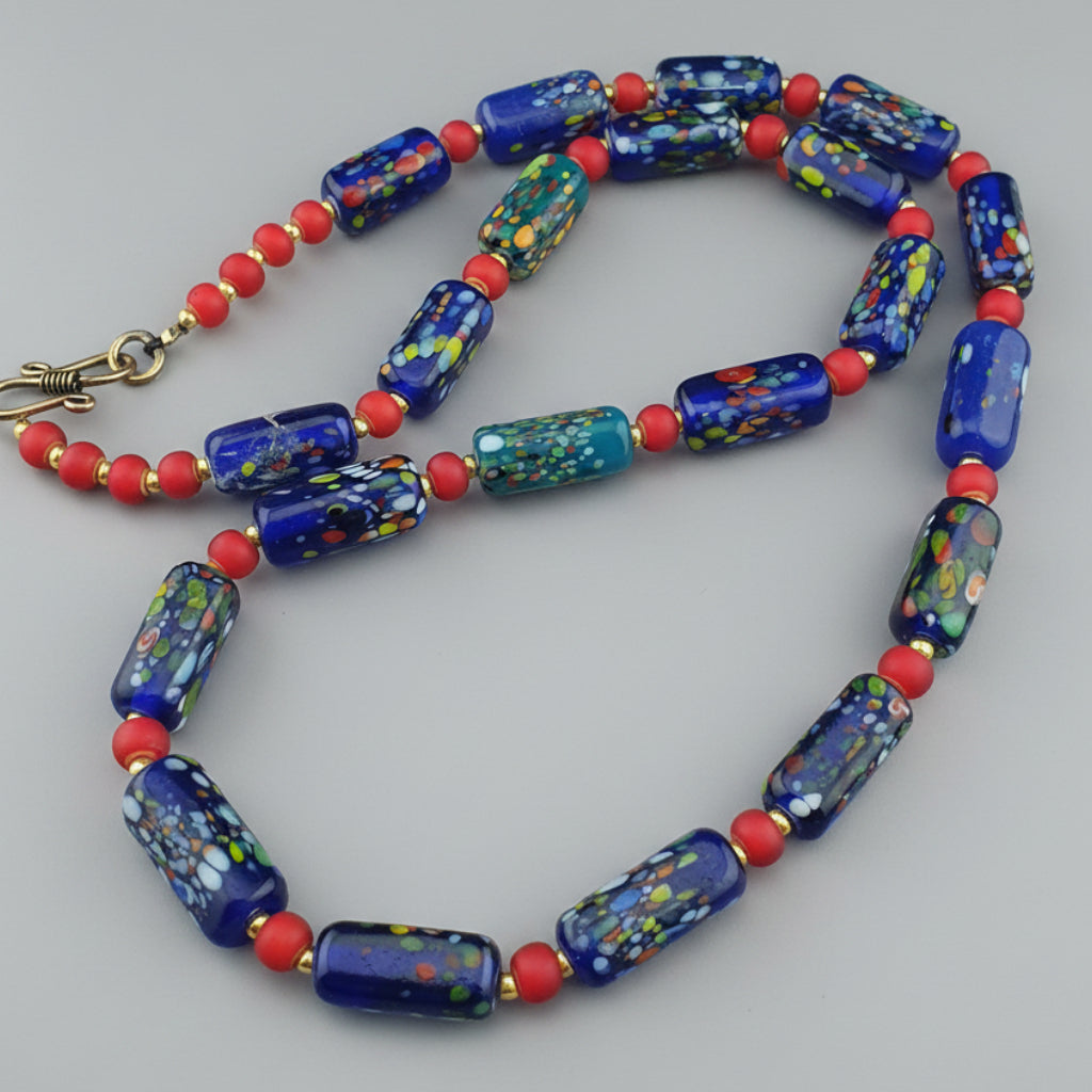 Vintage Venetian Style Aventurine & Venetian WhiteHeart Glass Beads Necklace