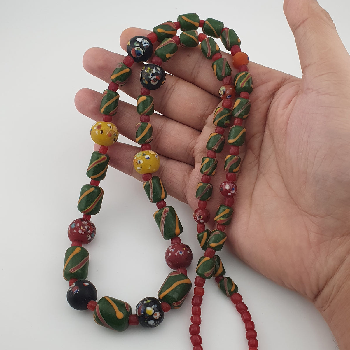 Antique Venetian Style Stripe & Aventurine Glass Beads Necklace