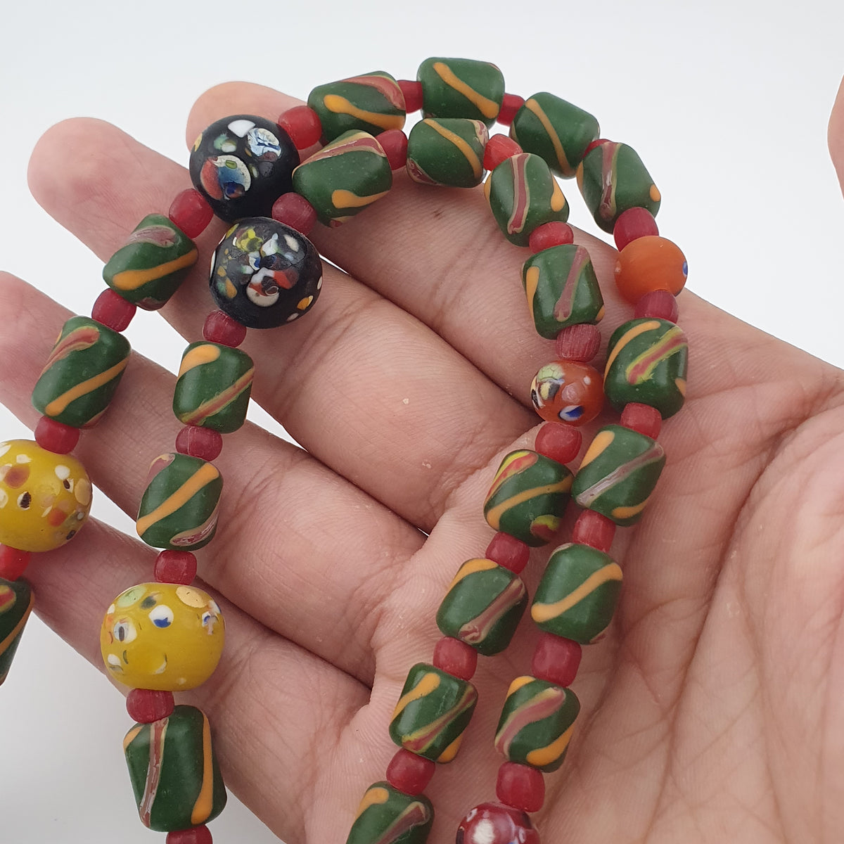 Antique Venetian Style Stripe & Aventurine Glass Beads Necklace