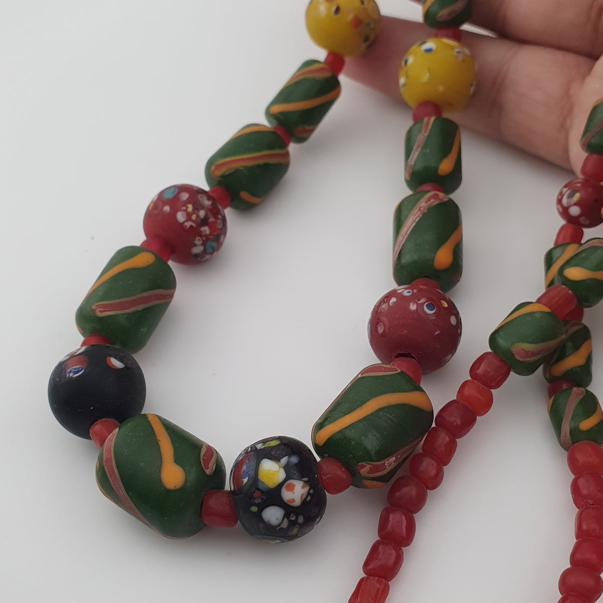 Antique Venetian Style Stripe & Aventurine Glass Beads Necklace