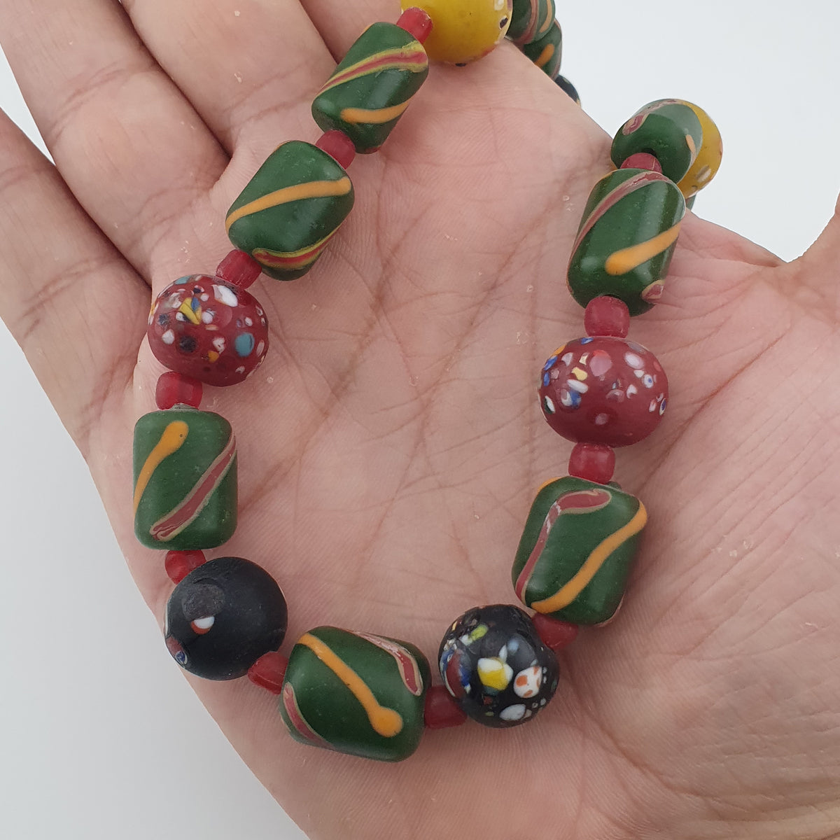 Antique Venetian Style Stripe & Aventurine Glass Beads Necklace