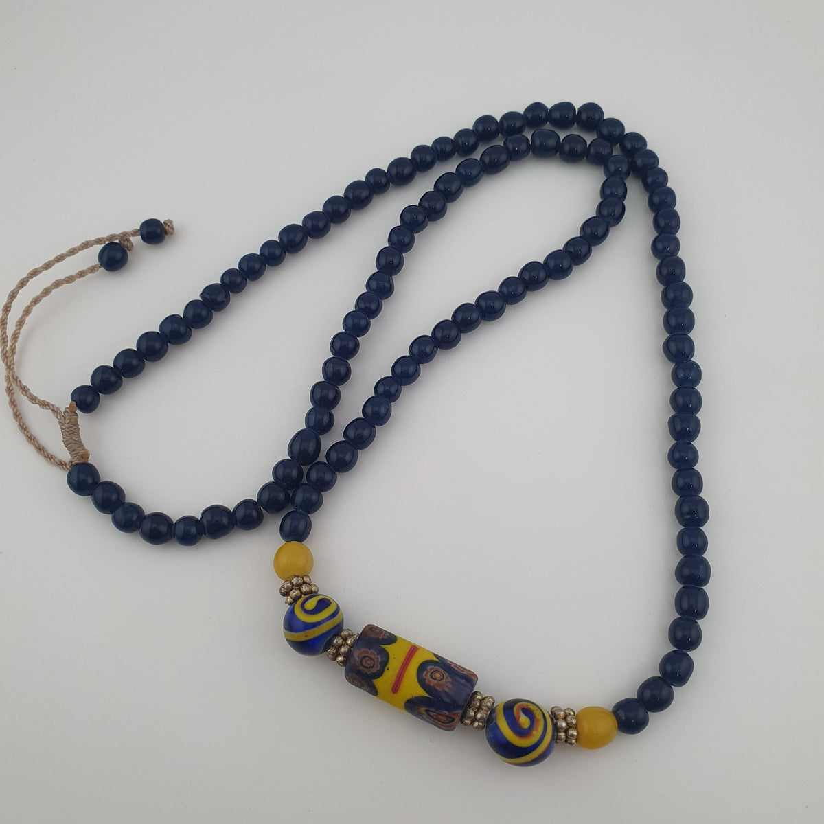 Antique Mosaic Gabri Glass Pendant Necklace with African Blue Beads (22 inches)