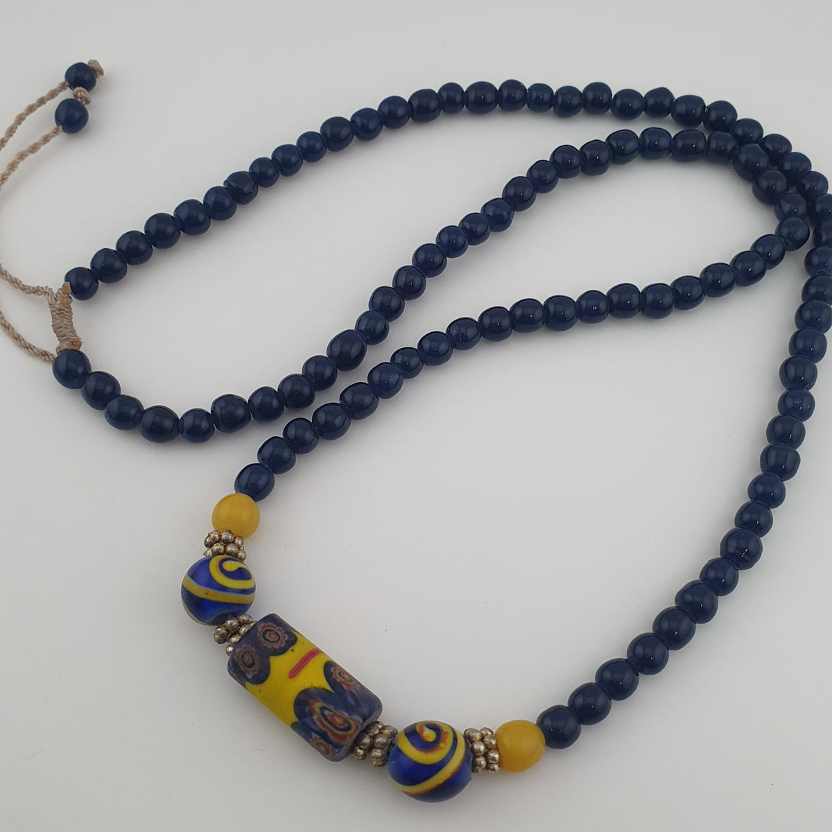 Antique Mosaic Gabri Glass Pendant Necklace with African Blue Beads (22 inches)