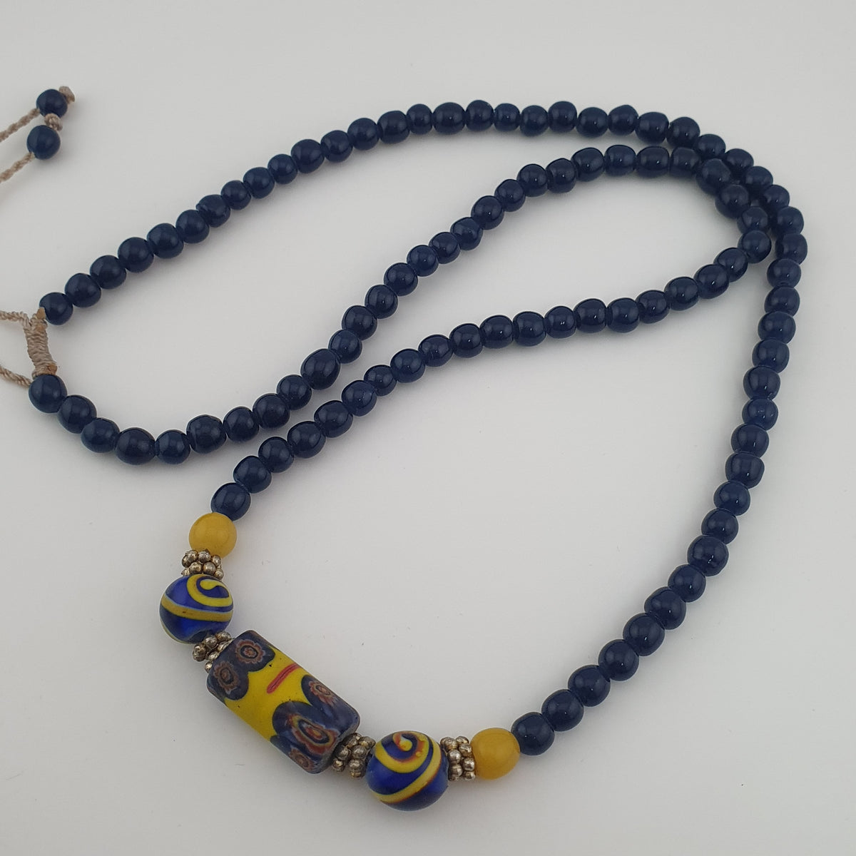 Antique Mosaic Gabri Glass Pendant Necklace with African Blue Beads (22 inches)