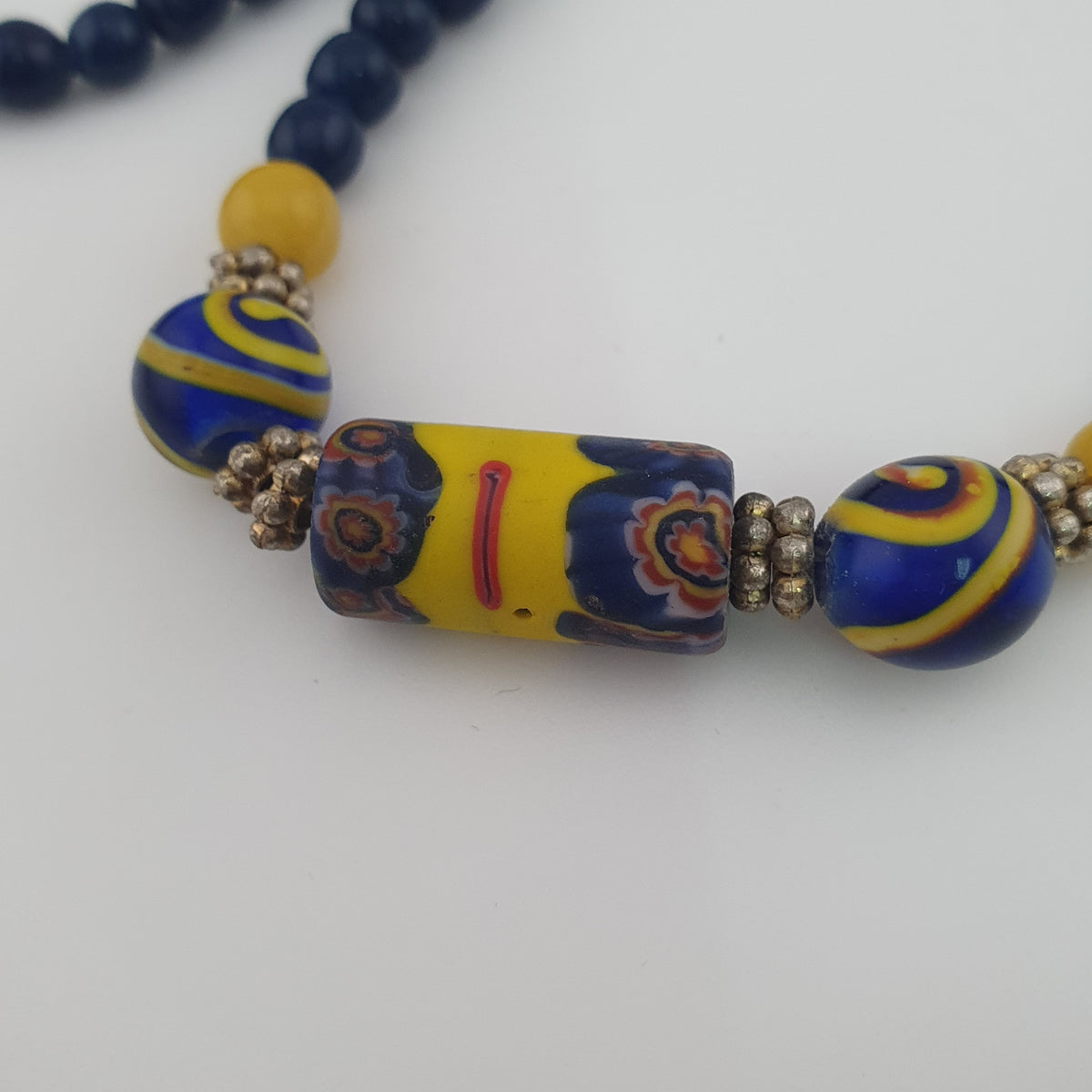 Antique Mosaic Gabri Glass Pendant Necklace with African Blue Beads (22 inches)