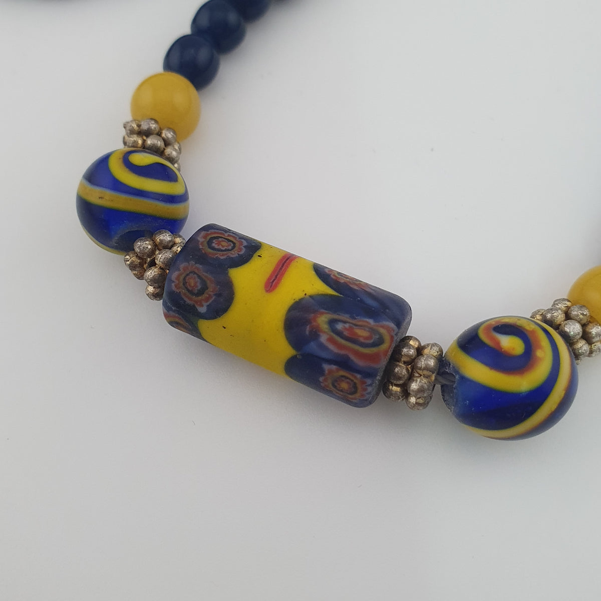 Antique Mosaic Gabri Glass Pendant Necklace with African Blue Beads (22 inches)