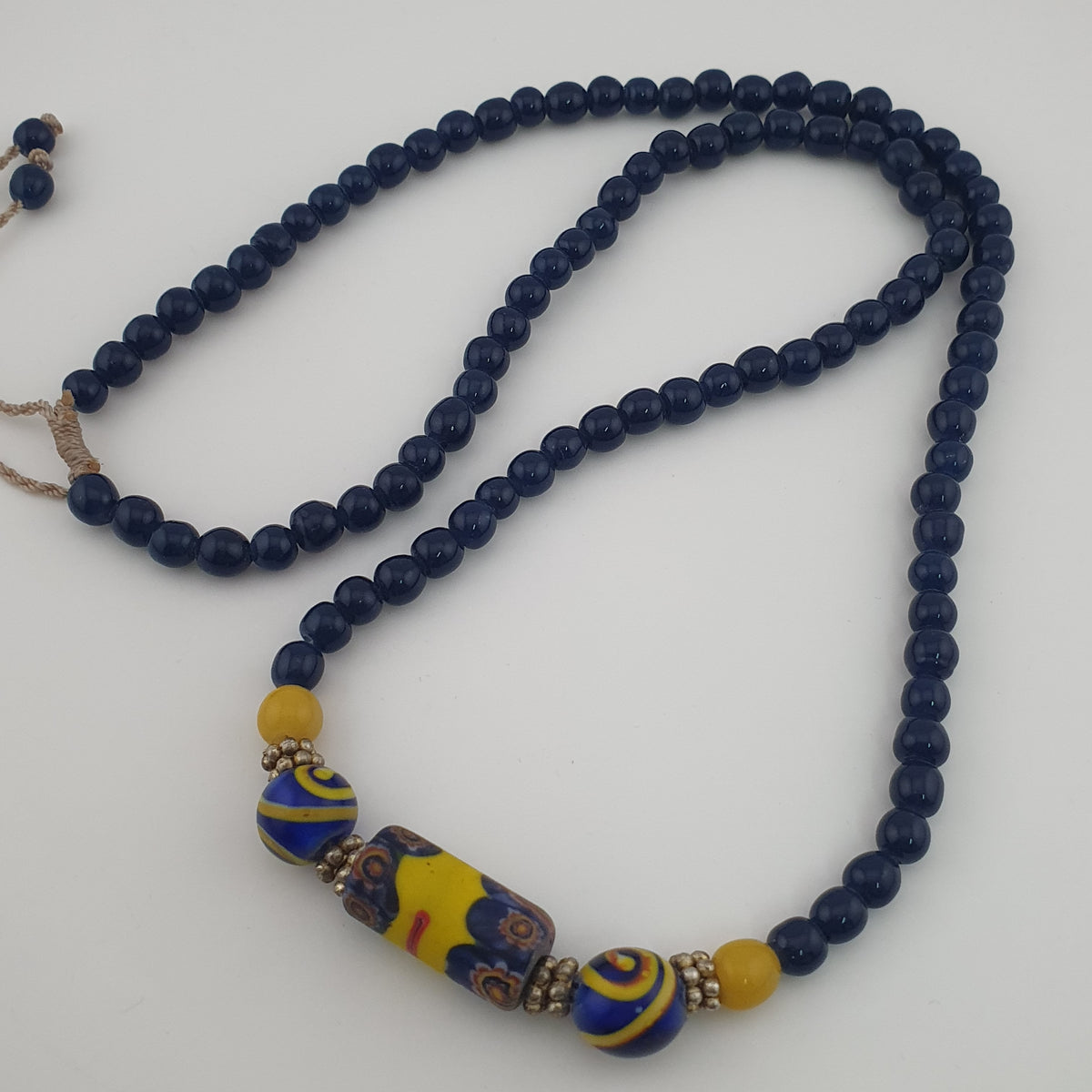 Antique Mosaic Gabri Glass Pendant Necklace with African Blue Beads (22 inches)