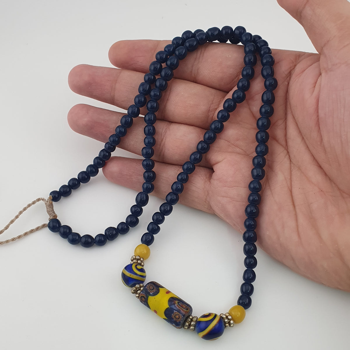 Antique Mosaic Gabri Glass Pendant Necklace with African Blue Beads (22 inches)