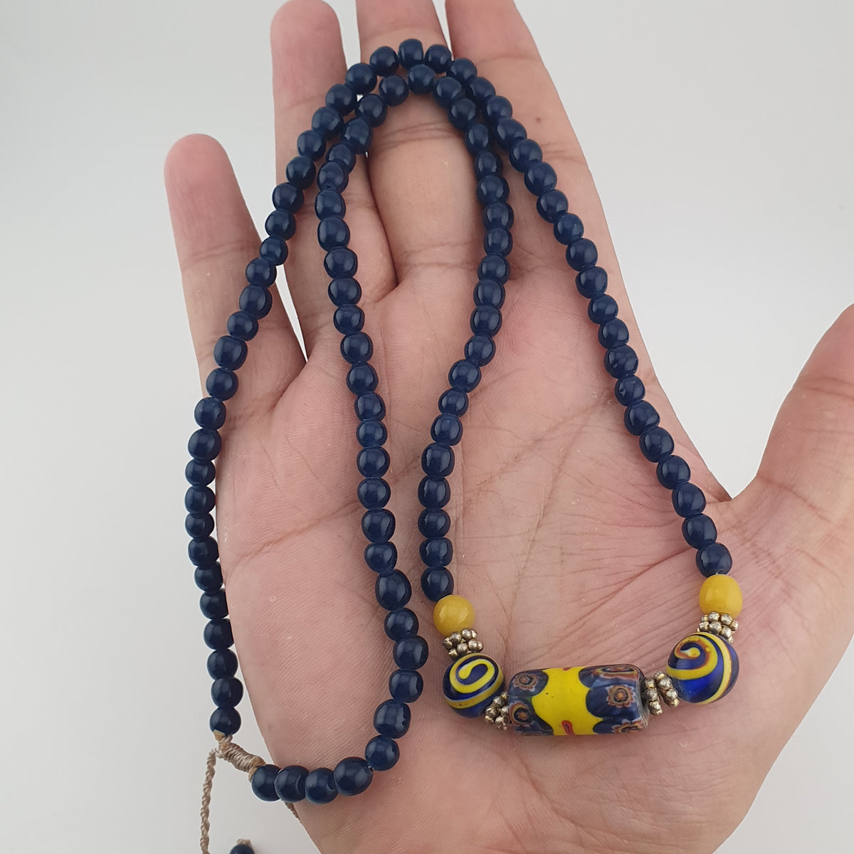 Antique Mosaic Gabri Glass Pendant Necklace with African Blue Beads (22 inches)