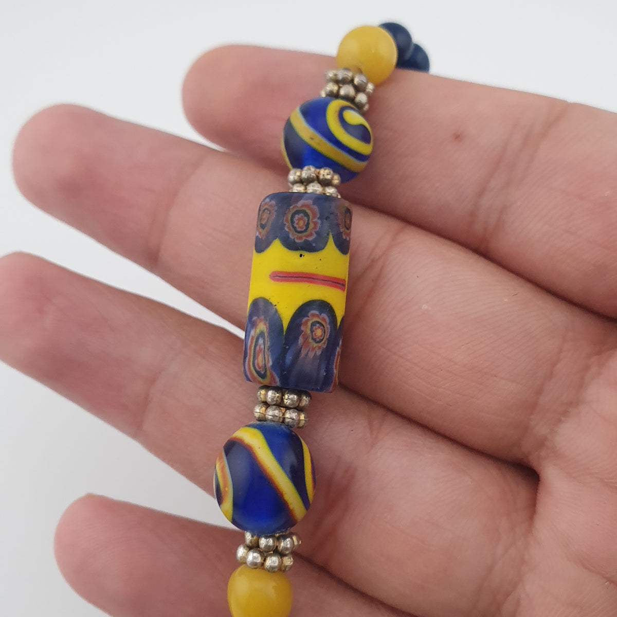 Antique Mosaic Gabri Glass Pendant Necklace with African Blue Beads (22 inches)