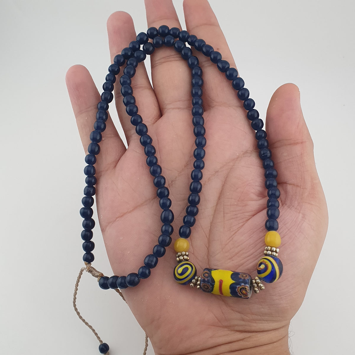 Antique Mosaic Gabri Glass Pendant Necklace with African Blue Beads (22 inches)