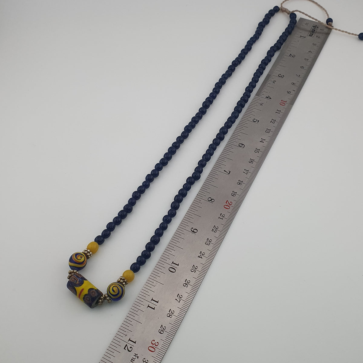 Antique Mosaic Gabri Glass Pendant Necklace with African Blue Beads (22 inches)