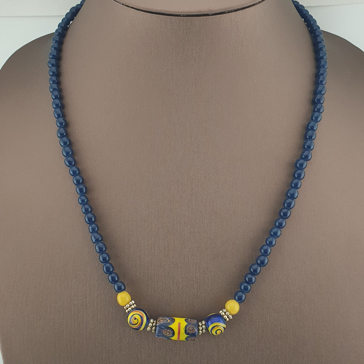 Antique Mosaic Gabri Glass Pendant Necklace with African Blue Beads (22 inches)