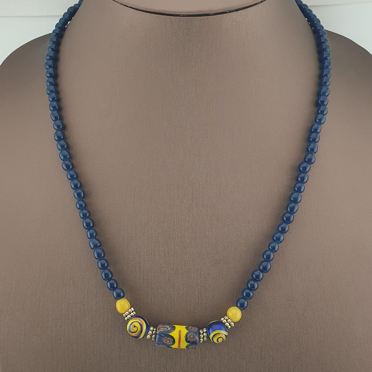 Antique Mosaic Gabri Glass Pendant Necklace with African Blue Beads (22 inches)