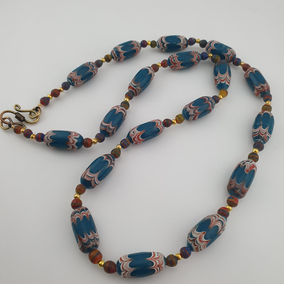 Antique Venetian Style Deep Teal Blue Glass Beads Necklace
