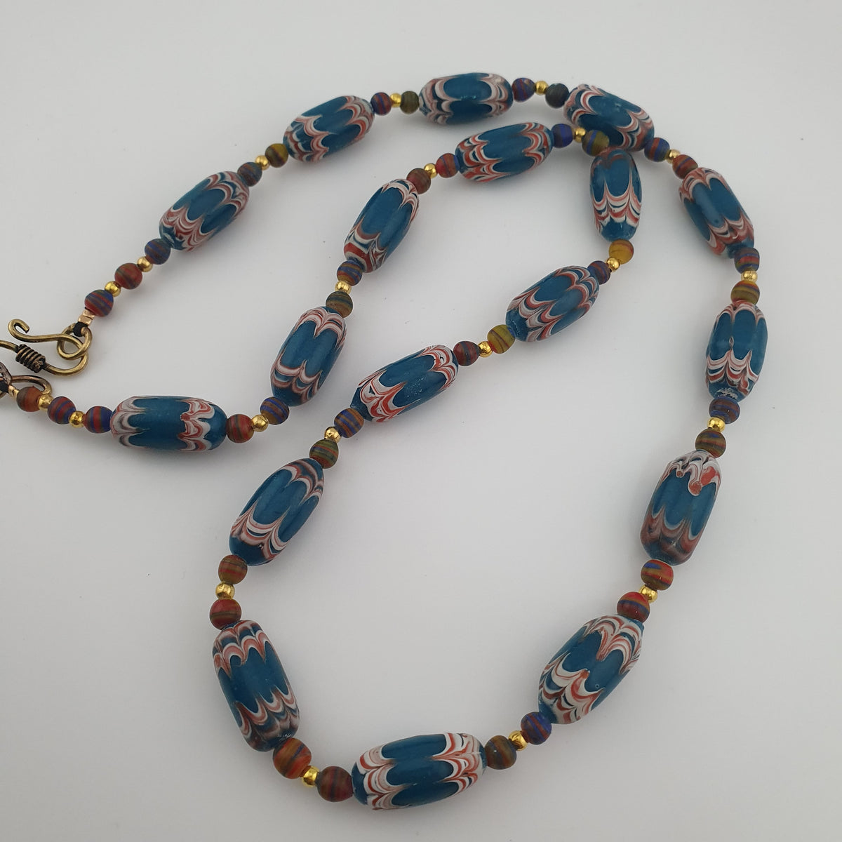 Antique Venetian Style Deep Teal Blue Glass Beads Necklace