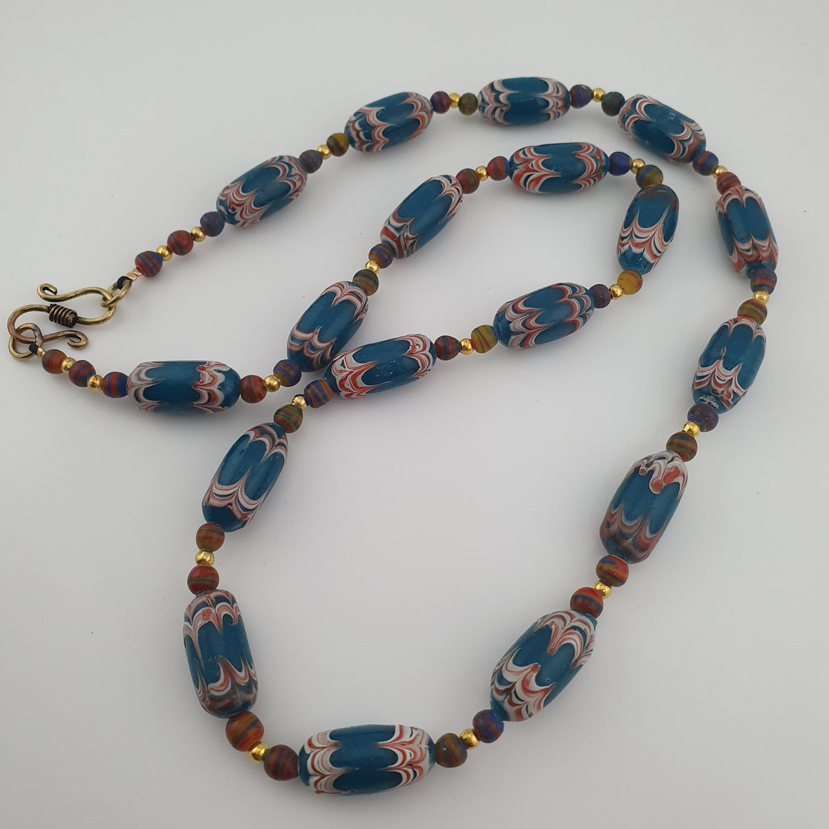 Antique Venetian Style Deep Teal Blue Glass Beads Necklace
