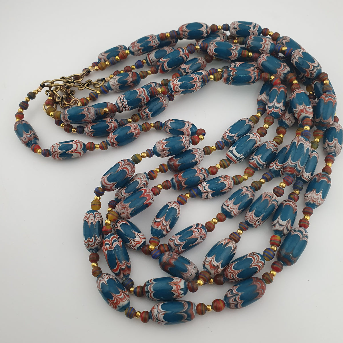 Antique Venetian Style Deep Teal Blue Glass Beads Necklace
