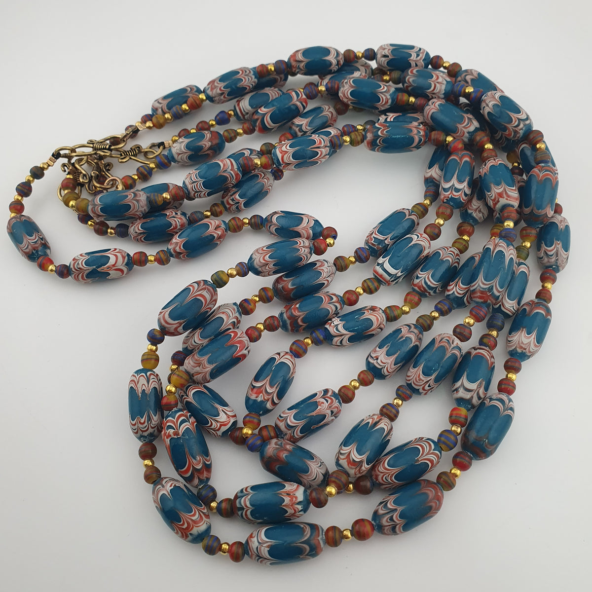 Antique Venetian Style Deep Teal Blue Glass Beads Necklace