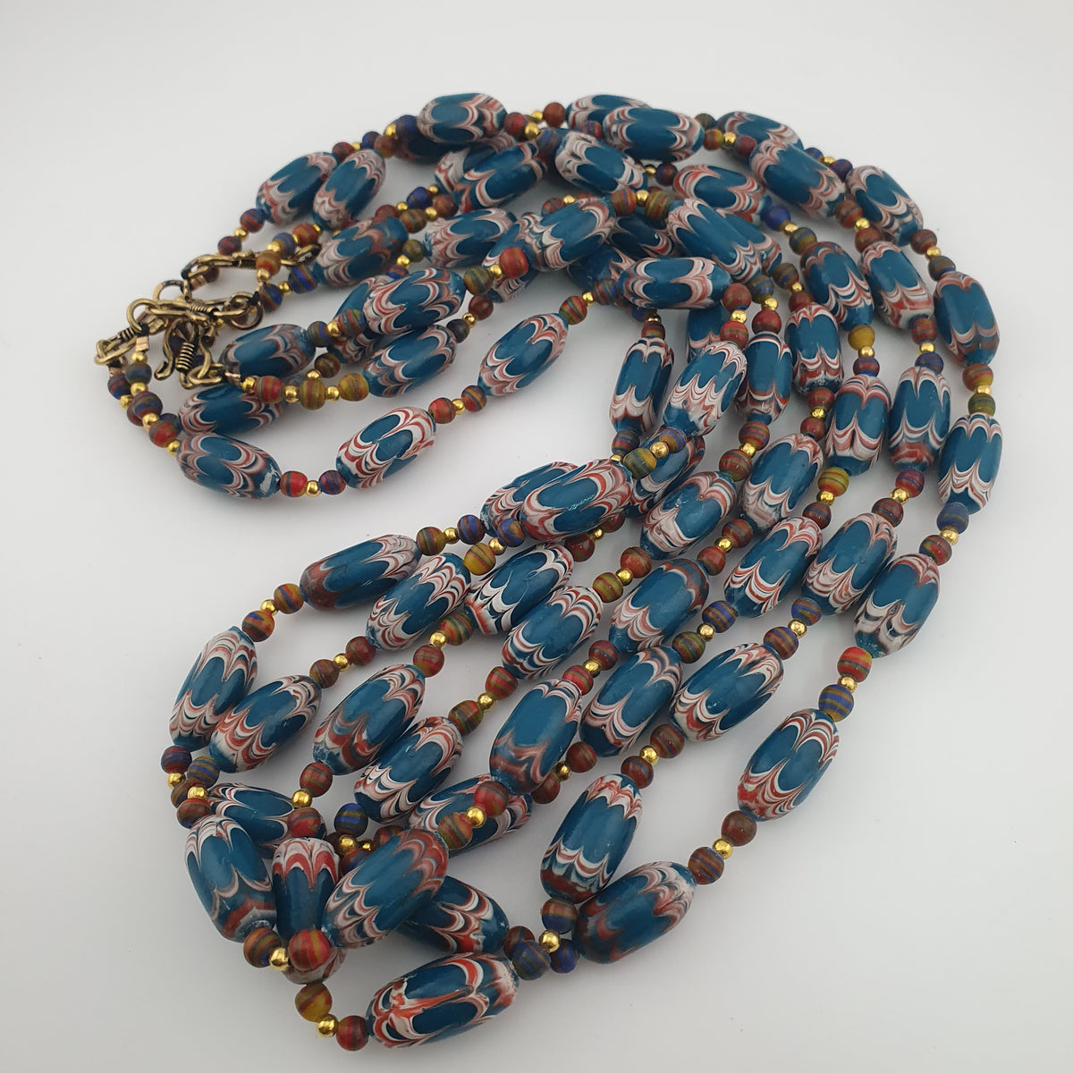 Antique Venetian Style Deep Teal Blue Glass Beads Necklace
