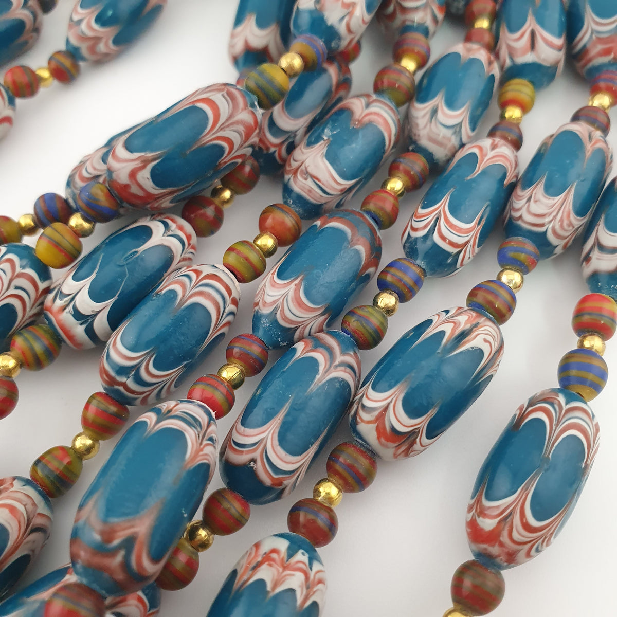 Antique Venetian Style Deep Teal Blue Glass Beads Necklace