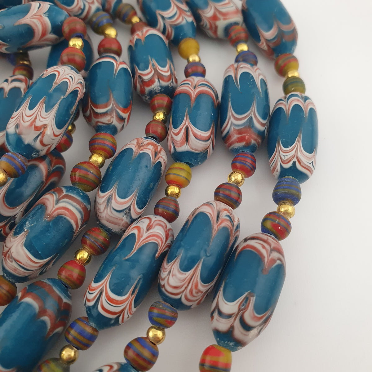 Antique Venetian Style Deep Teal Blue Glass Beads Necklace