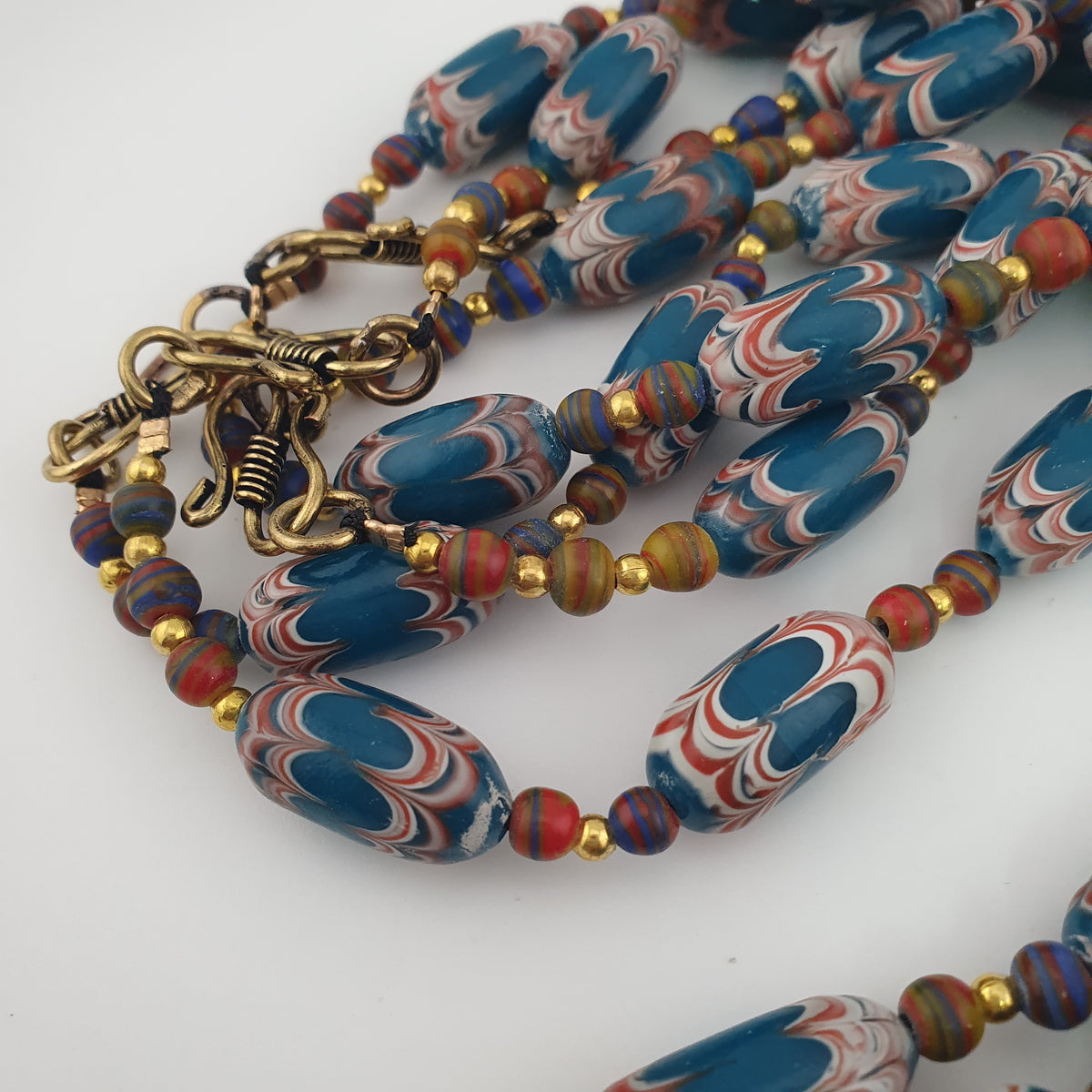 Antique Venetian Style Deep Teal Blue Glass Beads Necklace