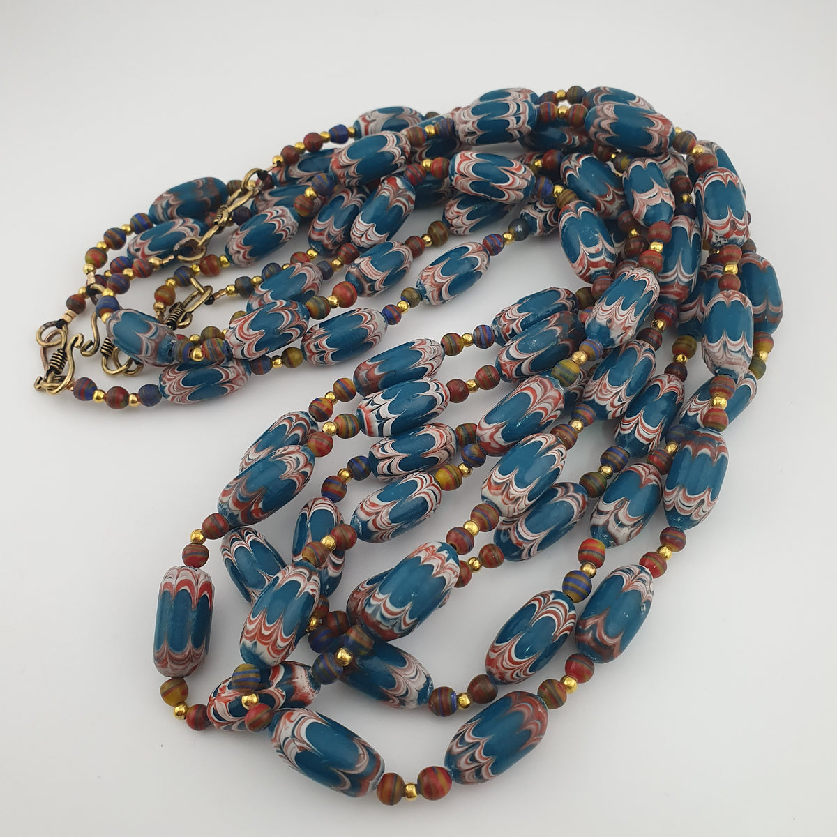 Antique Venetian Style Deep Teal Blue Glass Beads Necklace