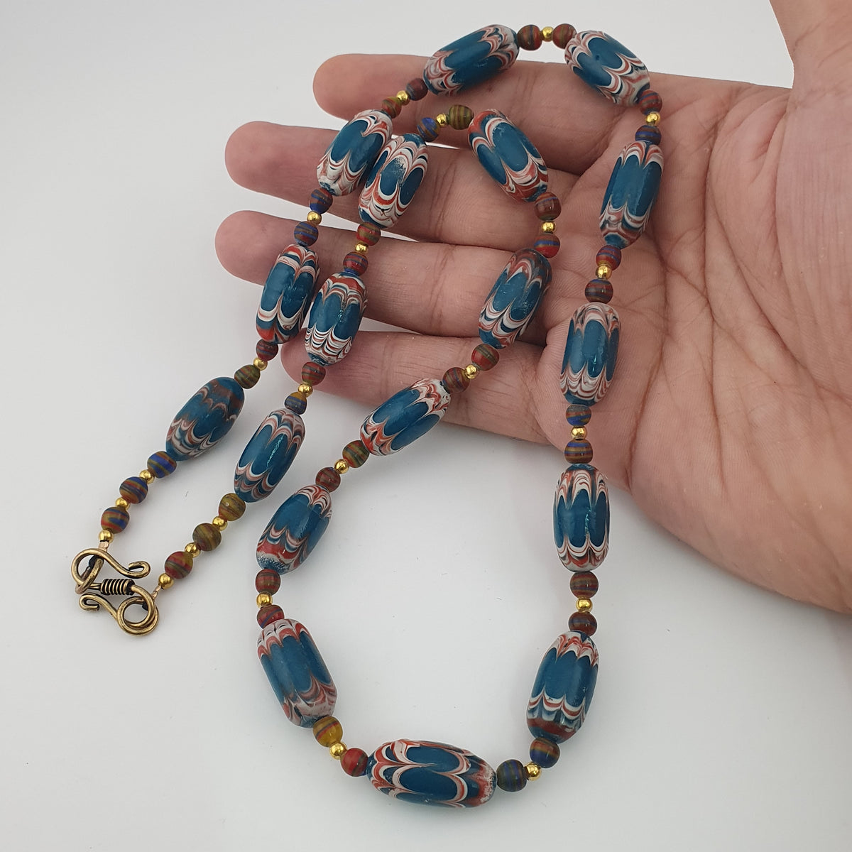 Antique Venetian Style Deep Teal Blue Glass Beads Necklace