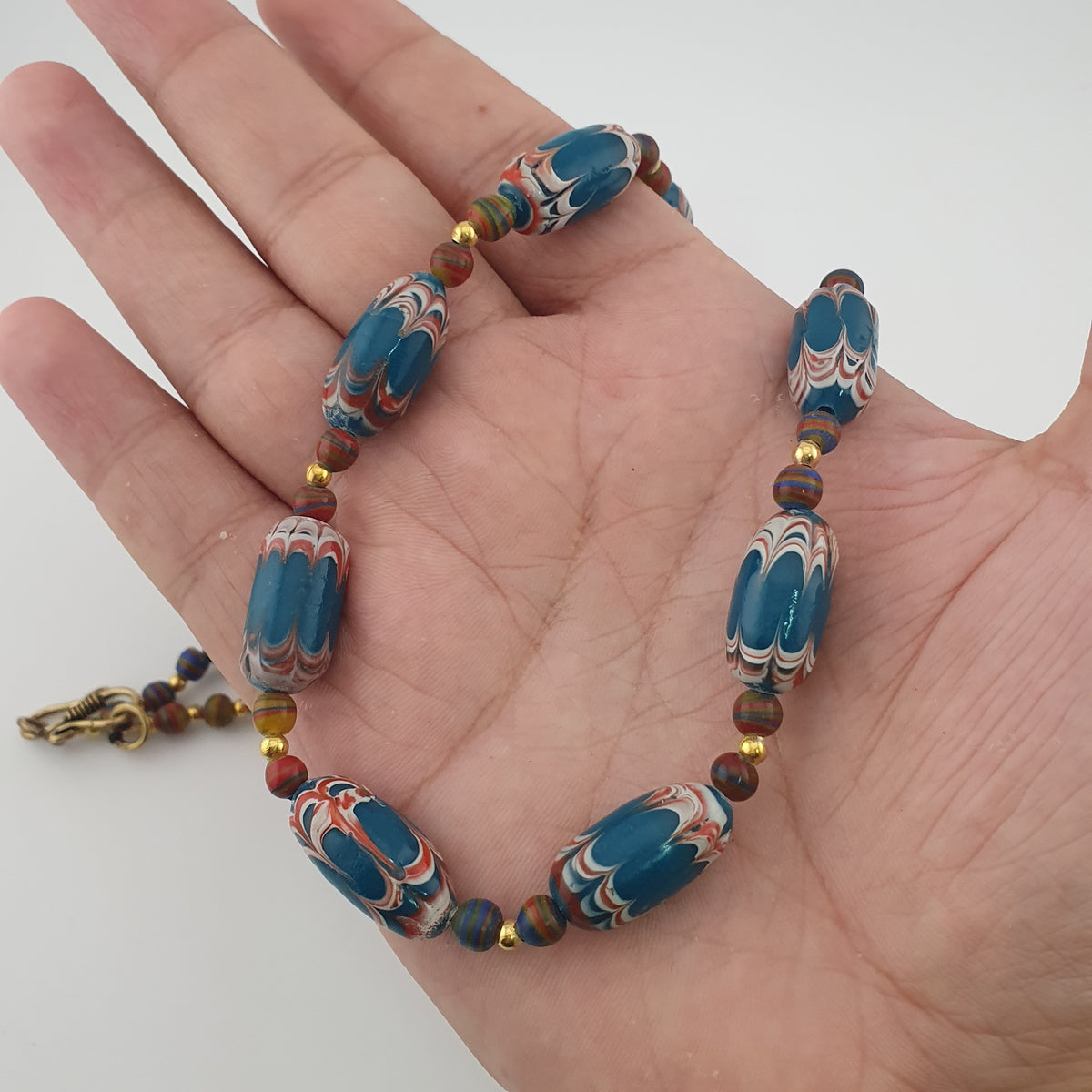 Antique Venetian Style Deep Teal Blue Glass Beads Necklace