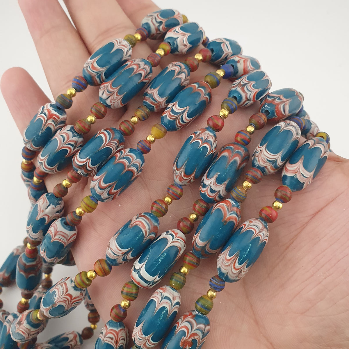 Antique Venetian Style Deep Teal Blue Glass Beads Necklace