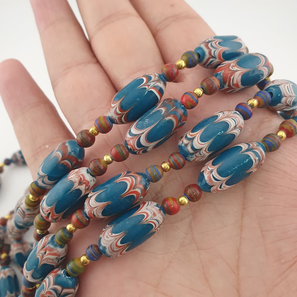 Antique Venetian Style Deep Teal Blue Glass Beads Necklace