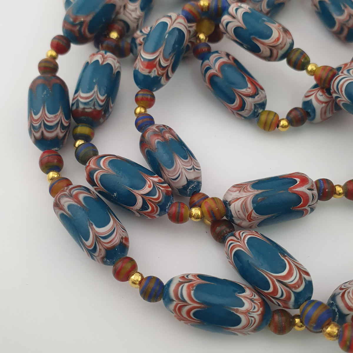 Antique Venetian Style Deep Teal Blue Glass Beads Necklace