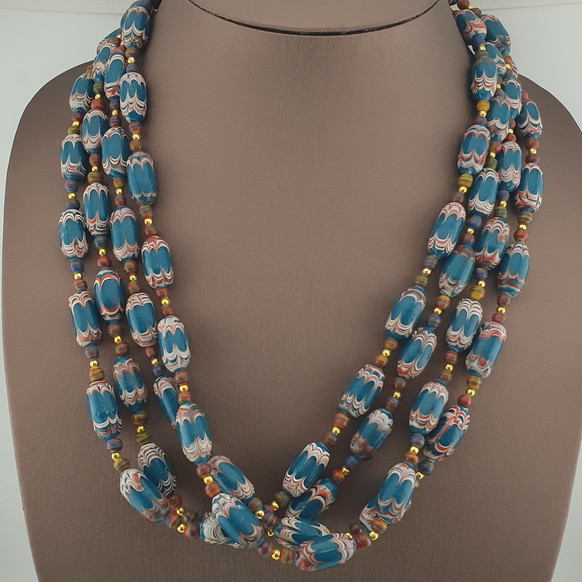 Antique Venetian Style Deep Teal Blue Glass Beads Necklace