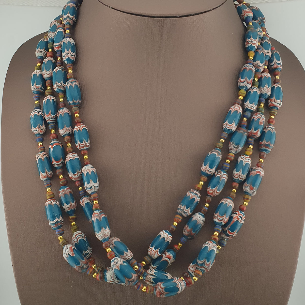 Antique Venetian Style Deep Teal Blue Glass Beads Necklace