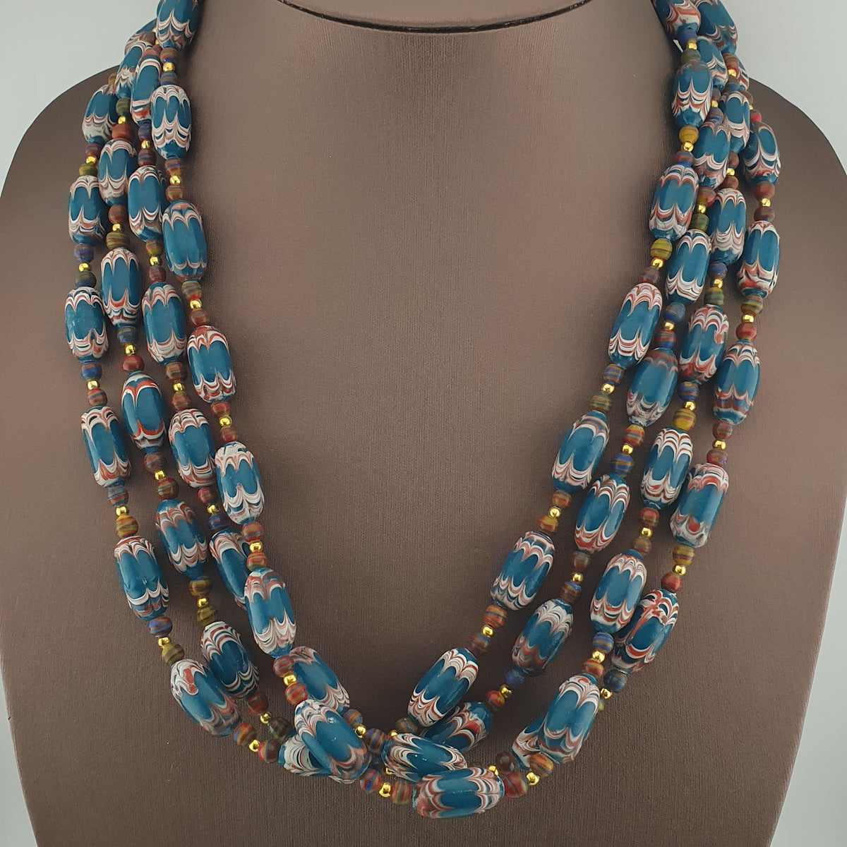 Antique Venetian Style Deep Teal Blue Glass Beads Necklace