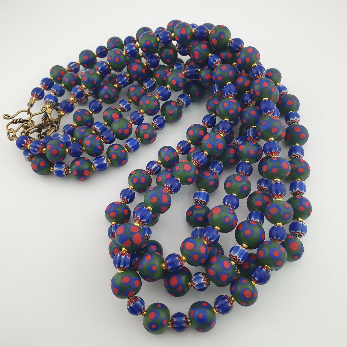 Antique Venetian Style Green Thosuand Eyes Glass & Blue Chevron Glass Beads Necklace