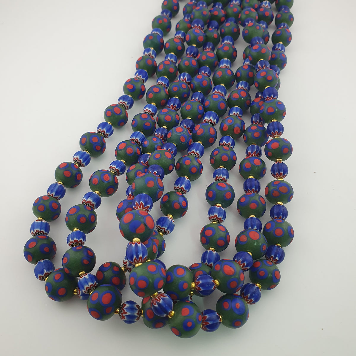 Antique Venetian Style Green Thosuand Eyes Glass & Blue Chevron Glass Beads Necklace