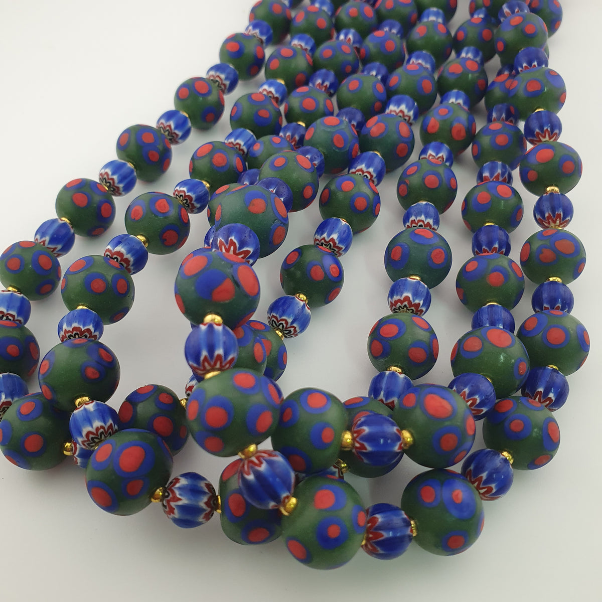Antique Venetian Style Green Thosuand Eyes Glass & Blue Chevron Glass Beads Necklace