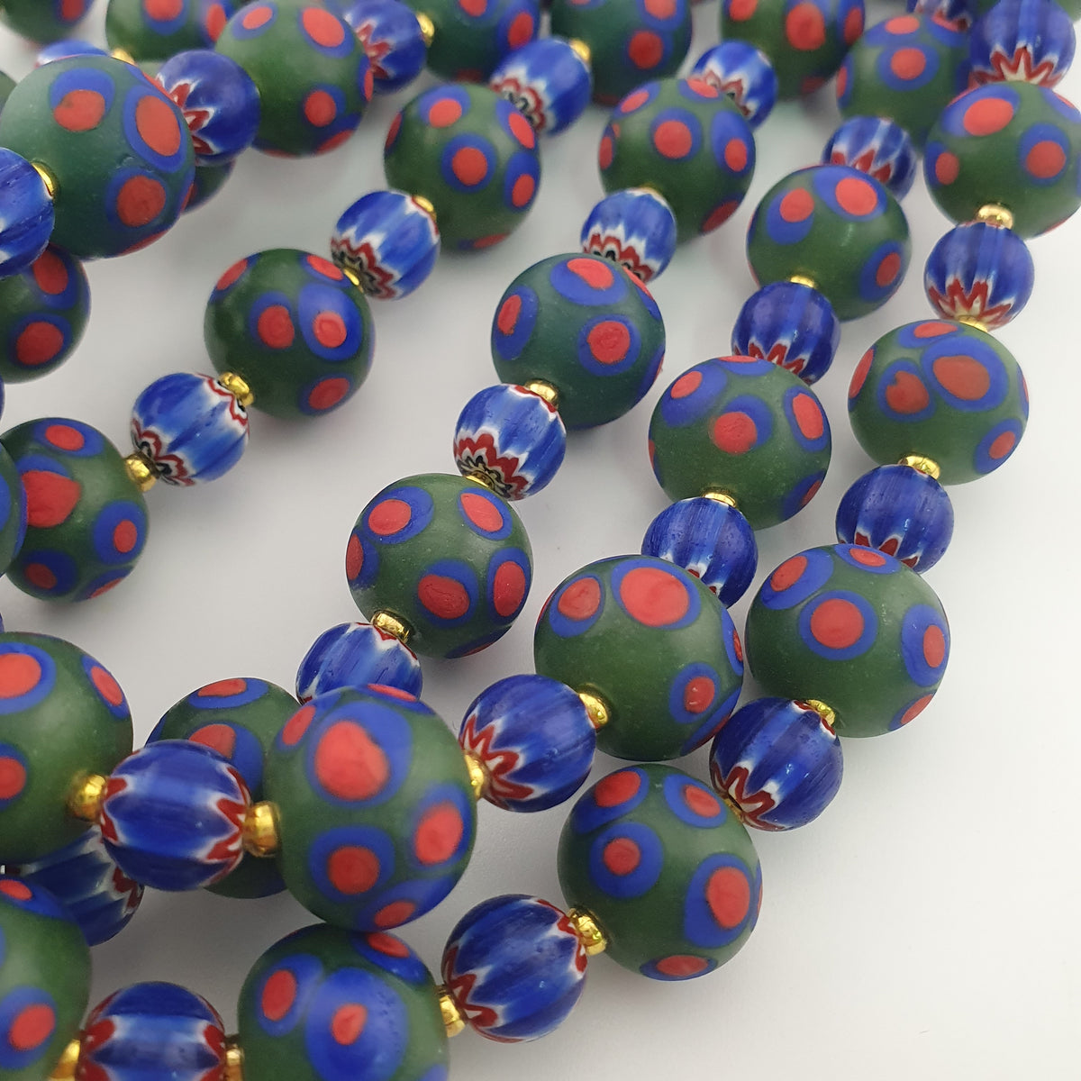 Antique Venetian Style Green Thosuand Eyes Glass & Blue Chevron Glass Beads Necklace