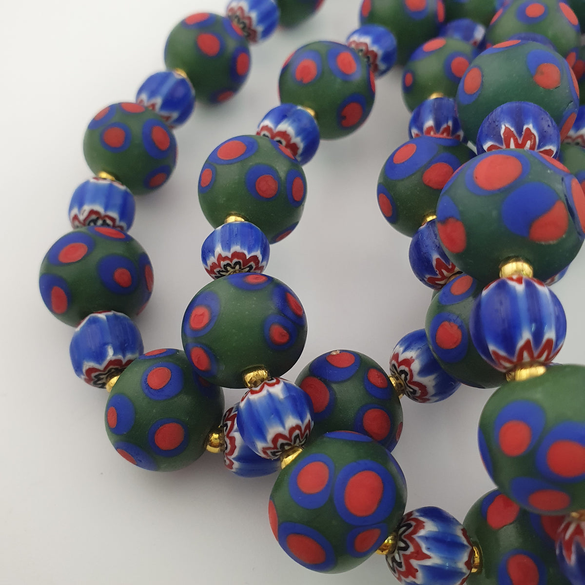 Antique Venetian Style Green Thosuand Eyes Glass & Blue Chevron Glass Beads Necklace